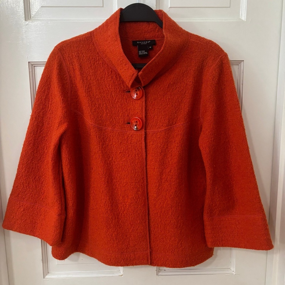 Sandro Sz M‎ Statement Boho Cozy Orange Textured Wool Swing Coat Jacket Colorful